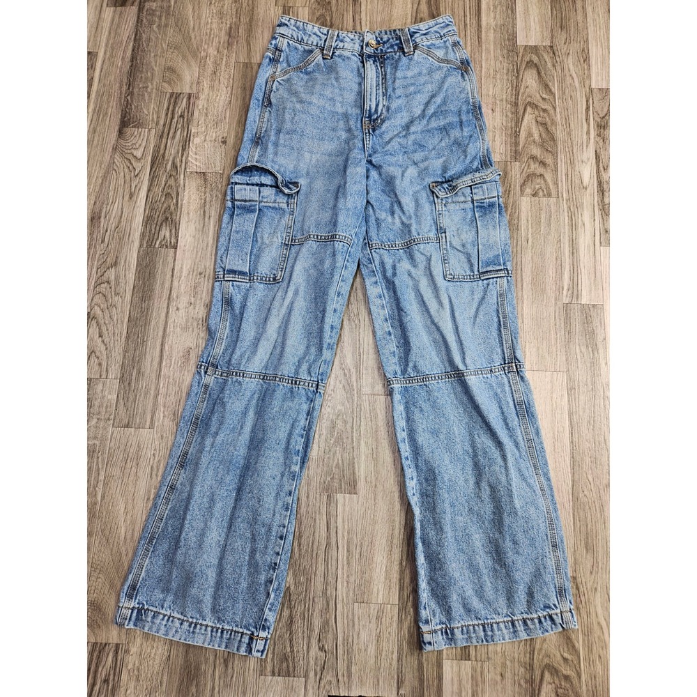 H&M Divided Cargo Jeans Womens 2 Light Wash Blue Wide Leg Utility Denim